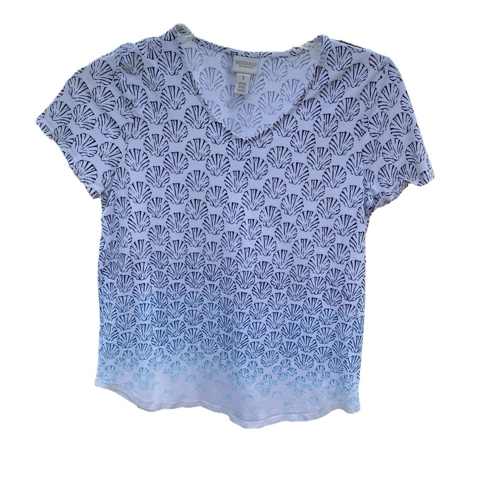 Weekends by Chico shell pattern Coastal white & Blue Women's Top / tee size M - Picture 2 of 8